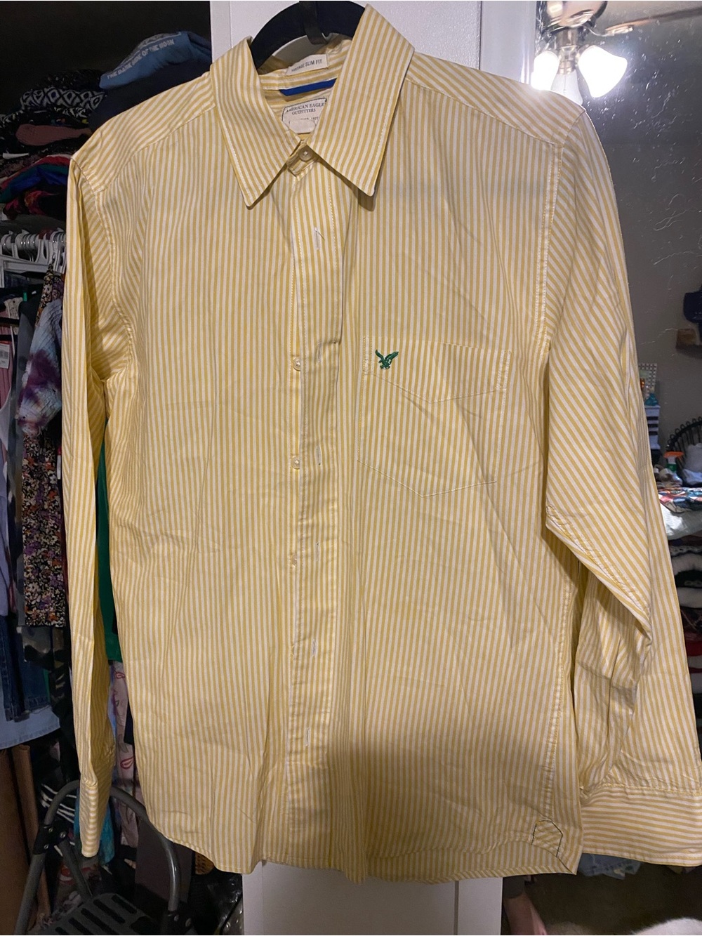 Womens Yellow Striped Button-Down Shirt - Classic Fit
